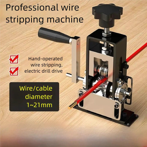 Fast And Easy Wire Stripping Tool For Scrap Copper And DIY Cables No Assembly Required Works With Drill 0.04 To 0.8 Inch Wire Range Replacement Blades Included Precision Hand Peeler For Cleaner Copper Recycling showing wire stripping capacity and manual operation crank on a wood surface.