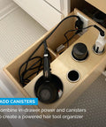 Kick Countertop Clutter Right Out Of Sight With This Matte Black In Drawer Outlet in a hair tool organizer setup.