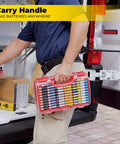 Person carrying Battery Daddy Storage And Organizer Case with Built In Tester that holds up to 180 batteries, red handle visible