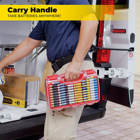 Person carrying Battery Daddy Storage And Organizer Case with Built In Tester that holds up to 180 batteries, red handle visible