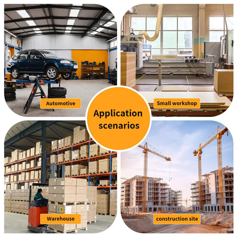 BTMPYLYT 110V electric hoist winch collage showing automotive shop, small workshop, warehouse, construction site