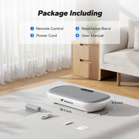 Vibration Plate Exercise Machine With Bluetooth, 440 Lbs Capacity, Silicone Pedals, Accessories Shown on Living Room Floor