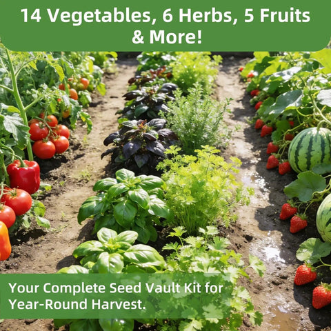 Vegetable and herb garden showing tomatoes, basil, and carrots for Huge 15000 Seeds Non GMO Heirloom Seed Kit For Hydroponic Indoor And Outdoor Growers Tomatoes Cucumbers Carrots Beans Lettuce And More Premium Germination Includes Survival Backpack Gear.