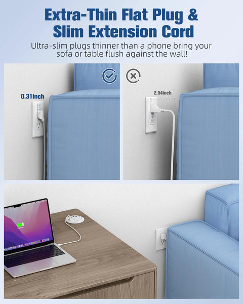 Extra-Thin Flat Plug & Slim Extension Cord, ideal for keeping furniture flush against the wall, enhancing workspace efficiency.