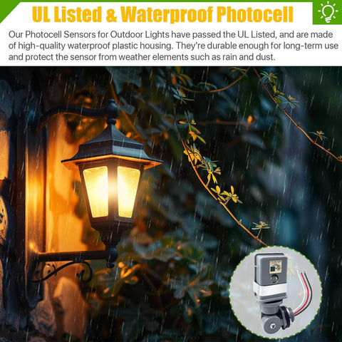 Two Pack Waterproof Photocell Sensors for Outdoor Lights with UL Listed waterproof housing and dusk to dawn functionality.