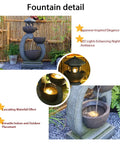 Outdoor Zen Water Fountain With LED Lights And Pump Tiered Pagoda Waterfalls Bowl For Patio Garden Yard And Poolside Gray 35.5 Inches Tall Tranquil Backyard Accent For Chill Vibes, shown with bamboo backdrop and nighttime LED ambiance.