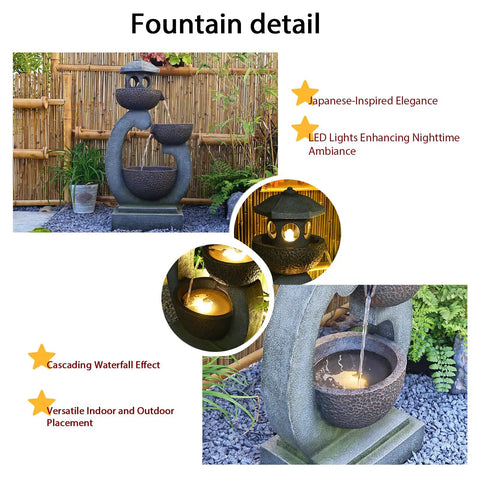 Outdoor Zen Water Fountain With LED Lights And Pump Tiered Pagoda Waterfalls Bowl For Patio Garden Yard And Poolside Gray 35.5 Inches Tall Tranquil Backyard Accent For Chill Vibes, shown with bamboo backdrop and nighttime LED ambiance.