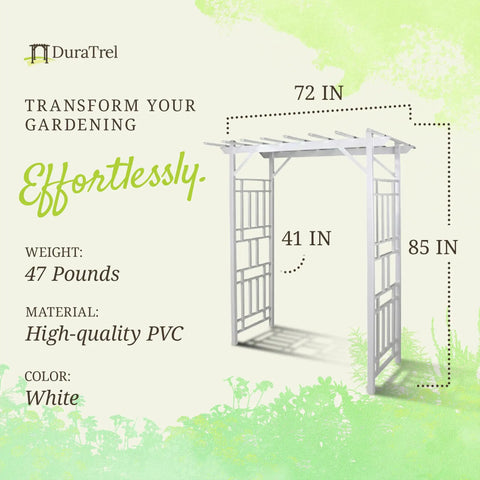 Vinyl Garden Archway For Outdoors, 72 By 85 Inches, White with lattice design and trellis sides, PVC arch for climbing plants
