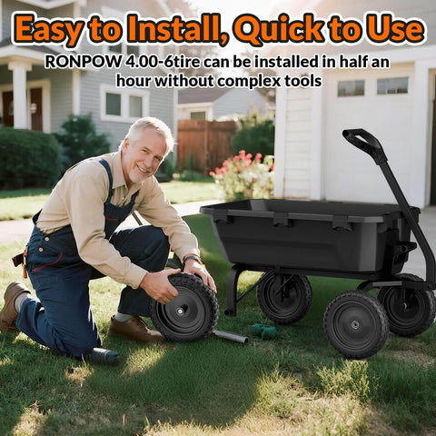 Man installing Flat Free Tire And Wheel Set 4.00-6 For Garden Cart, Wheelbarrow, And Hand Truck, 13 Inch Solid Wheel