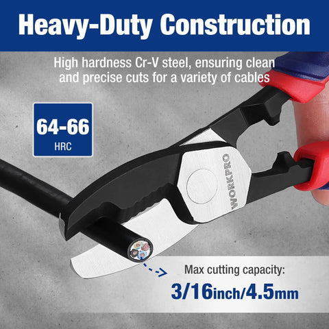 Knockout 8 Inch Cable Cutter With Twin Cutting Edge And Rock Solid Hrc65 Steel Blade For Butter Smooth Snips On Electrical Wire, close-up view.