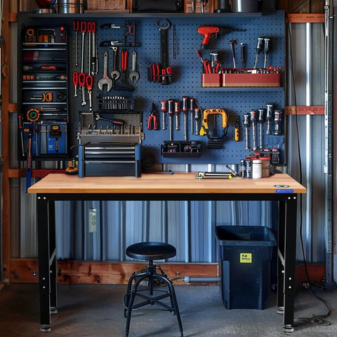 Adjustable Garage Workbench With Rubber Wood Top Heavy Duty Steel Frame Five Height Settings From About Thirty To About Thirty Eight Inches Built In Power Outlets Leveling Feet 1500 Lb Load Capacity For Your Home Workshop in a garage setting with tools.