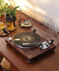 Audio-Technica At-Lpw50bt-Rw Manual Belt-Drive Turntable In Slick Rosewood with Bluetooth on a wooden table