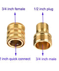 Two brass pressure washer adapters: left shows 3/4 in female with 1/2 in quick-connect; right shows 3/4 in male with 1/2 in plug.