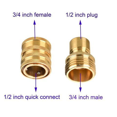 Two brass pressure washer adapters: left shows 3/4 in female with 1/2 in quick-connect; right shows 3/4 in male with 1/2 in plug.