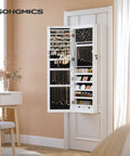 Straight Up Premium Wall Or Door Mounted Jewelry Cabinet With Full Length Mirror Six Auto LED Lights Lockable Vanity Organizer To Keep Your Bling Safe In Fresh White, wall-mounted with jewelry displayed.