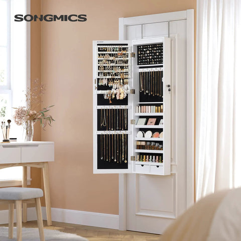 Straight Up Premium Wall Or Door Mounted Jewelry Cabinet With Full Length Mirror Six Auto LED Lights Lockable Vanity Organizer To Keep Your Bling Safe In Fresh White, wall-mounted with jewelry displayed.