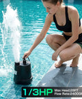 Powerful Submersible Sump Pump 1/3 HP 2400 GPH With 3/4 Inch GHT Garden Hose Thread in action at poolside, woman adjusting pump