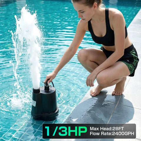 Powerful Submersible Sump Pump 1/3 HP 2400 GPH With 3/4 Inch GHT Garden Hose Thread in action at poolside, woman adjusting pump