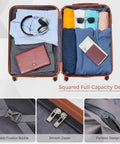 Open ABS hardside luggage set with spinner wheels showing full-capacity packing design, elastic fixation buckle, and smooth zippers.