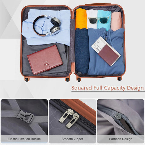 Open ABS hardside luggage set with spinner wheels showing full-capacity packing design, elastic fixation buckle, and smooth zippers.
