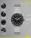 Run The Street With This Badass 44 Mm Men's Watch Featuring A Gearshift Inspired Face Premium Stainless Steel Bracelet And Bold Black Dial For Daily Quartz Performance displayed with chronograph features.