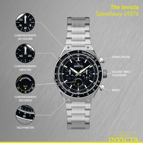Run The Street With This Badass 44 Mm Men's Watch Featuring A Gearshift Inspired Face Premium Stainless Steel Bracelet And Bold Black Dial For Daily Quartz Performance displayed with chronograph features.
