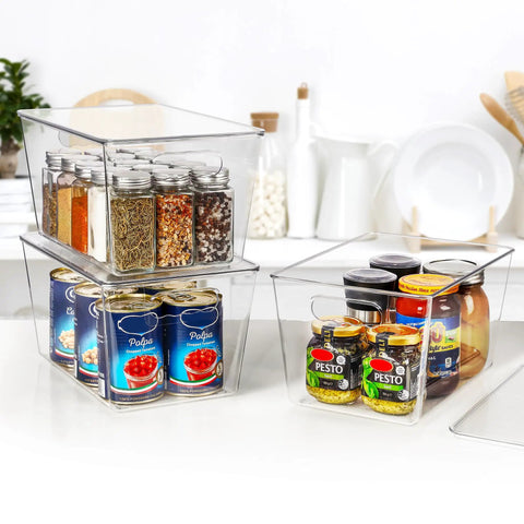 Hella Nifty Clear Stackable Storage Bins With Secure Snap Lids And Comfortable Side Handles And Large 6 Pack Real Deal Option For Kitchen Pantry Closet Fridge Under Sink Bathroom Organization with spices and jars