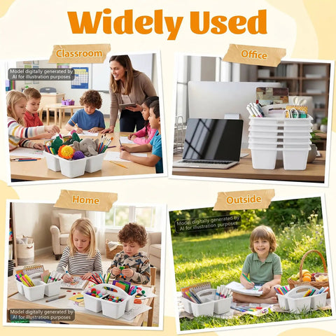Students and teacher with Six Pack Three Compartment Plastic Classroom Organizer With Handle White Caddy for art supplies