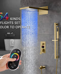 Built Tough 22 Inch LED Shower System With Bluetooth Audio And Digital Thermostat Rainfall Waterfall Handheld Settings Wall Mounted Antique Brass Finish showing blue LED waterfall and remote control.