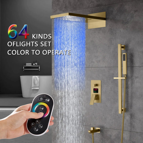 Built Tough 22 Inch LED Shower System With Bluetooth Audio And Digital Thermostat Rainfall Waterfall Handheld Settings Wall Mounted Antique Brass Finish showing blue LED waterfall and remote control.