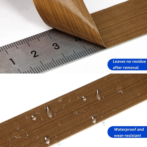 Close-up of PTFE Teflon High Temperature Tape for Heat Sealers, showing nonstick adhesive, waterproof feature, measured on a ruler.