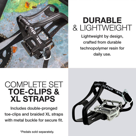 Toe Clips L/XL And 515XL Toe Straps Set With Technopolymer Double Prongs And 440mm Braided Straps For Lock-In Foot Grip On Commuting