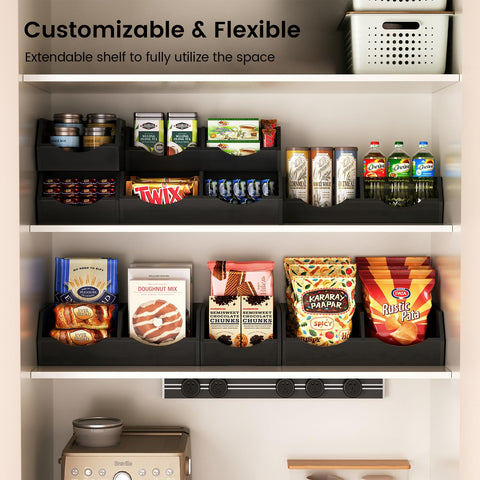 Ventilated 3 Tier Potato And Onion Organizer With Bamboo Pantry Bins Stackable Storage For Kitchen Pantry Countertop And Bathroom Keeps Veggies Fresh Longer Black installed in pantry with snacks and cans organized.