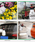 Four images showing the 0.4 Gallon Garden Pump Sprayer Portable Hand Pump Pressure Sprayer with Adjustable Nozzle and Trigger Lock in use.