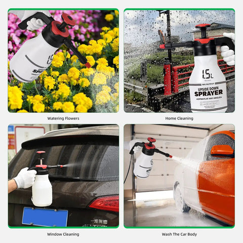 Four images showing the 0.4 Gallon Garden Pump Sprayer Portable Hand Pump Pressure Sprayer with Adjustable Nozzle and Trigger Lock in use.