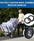 Heavy Duty Push Nuts For Dolly Wheel Lock Washers Fits Five Eighths Inch Dolly Axle Rods Spring Steel Push On Nuts With Oiled Phosphate Finish 10 Pack shown securing wheels on a dolly.