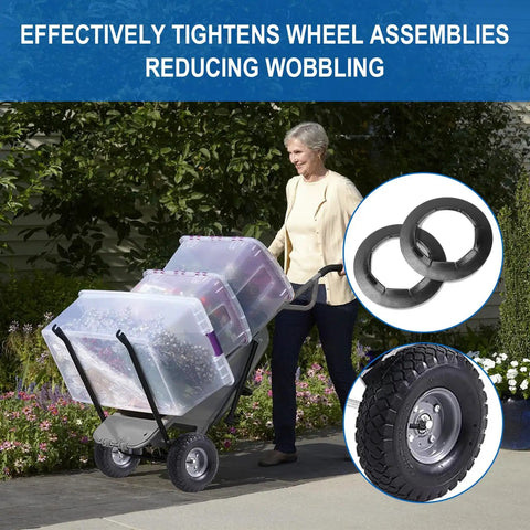 Heavy Duty Push Nuts For Dolly Wheel Lock Washers Fits Five Eighths Inch Dolly Axle Rods Spring Steel Push On Nuts With Oiled Phosphate Finish 10 Pack shown securing wheels on a dolly.