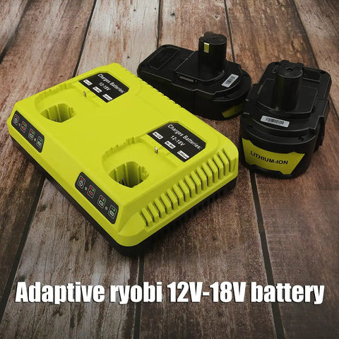 Dual Port 18V Battery Charger For Ryobi Tools That Powers Two Batteries At Once shown with two batteries, on wooden surface.