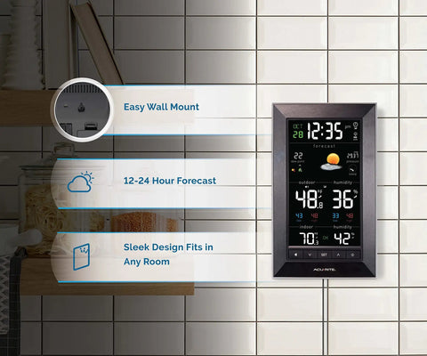 Digital Indoor Outdoor Weather Station with Real Time Temperature and Humidity Readouts, Date and Time Display on wall tile