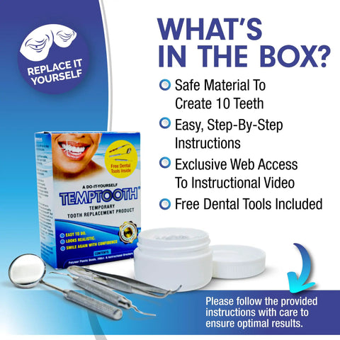 Box of Temporary Tooth Replacement Kit For A Confident Smile That Looks Natural And Discreet with included dental tools.