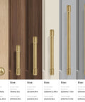 Various sizes of gold-colored cabinet and drawer pulls displayed on doors, showing different lengths and screw hole distances.