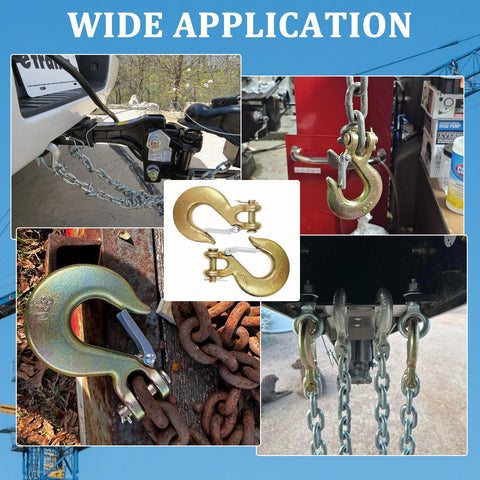 Two Pack Heavy Duty Clevis Hooks Three Eighths Inch Forged Steel With Safety Latch G70 Rated 18000 Lbs Capacity in use