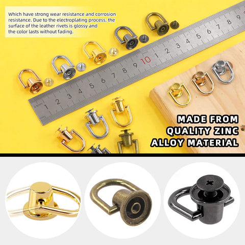 Assorted 52 Piece Metal D Ring Rivets And Chicago Studs For Leather Crafts Featuring 360 Rotating Ball Post Buttons on yellow background.