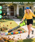 Person using Cordless Leaf Blower With 1200W Brushless Motor, Dual 5.0Ah Batteries And 2 Hour Fast Charger on lawn