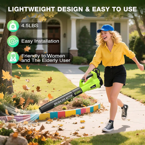 Person using Cordless Leaf Blower With 1200W Brushless Motor, Dual 5.0Ah Batteries And 2 Hour Fast Charger on lawn