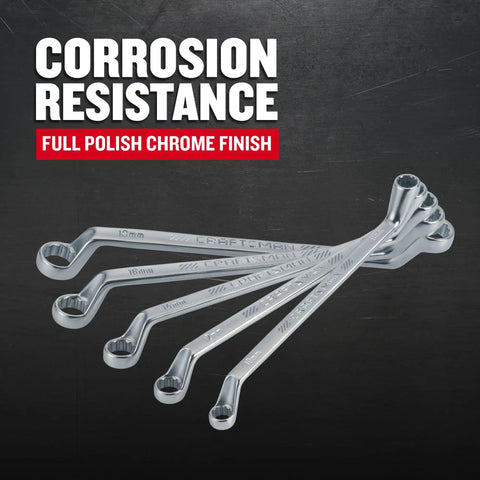 Deep Offset Metric Box End Wrench Set Must Have Five Piece 12 Point 45 Degree Angled Ends Chrome Finish displayed in fan shape