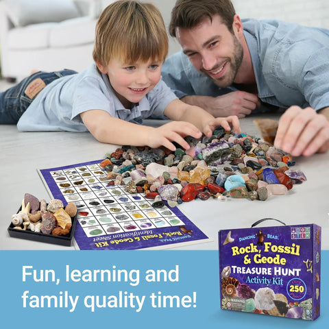 Rock Mineral And Geodes Treasure Hunt Kit With 250 Pieces Real Shark Teeth Fossils ID Sheet And Rock Book STEM Educational Toy For Kids Teens Hands On Science Activity, family sorting rocks