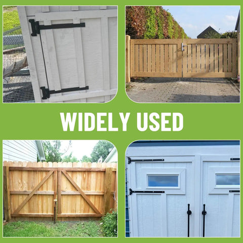 Top Shelf Heavy Duty 24 Inch Gate Hinges 4 Pack on various wooden gates, showcasing durable installation in outdoor settings.