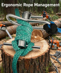 Stainless Port-A-Wrap Arborist Rigging Tool For Tree Work shown managing rope on tree stump in forest setup