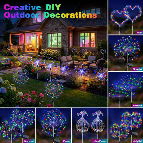 Solar Powered Outdoor Fairy Lights With 8 Modes And 120 Led Firework Effect Multicolor For Garden Yard Path Pool Patio Waterproof Decor Lit Christmas Glow surrounding a garden patio at night.